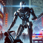 Un robot humanoïde agressif attaquant un humain lors d'un festival en Chine, sous le regard paniqué de la foule et des forces de sécurité. L'incident illustre les dangers potentiels de l'intelligence artificielle et de la robotique autonome