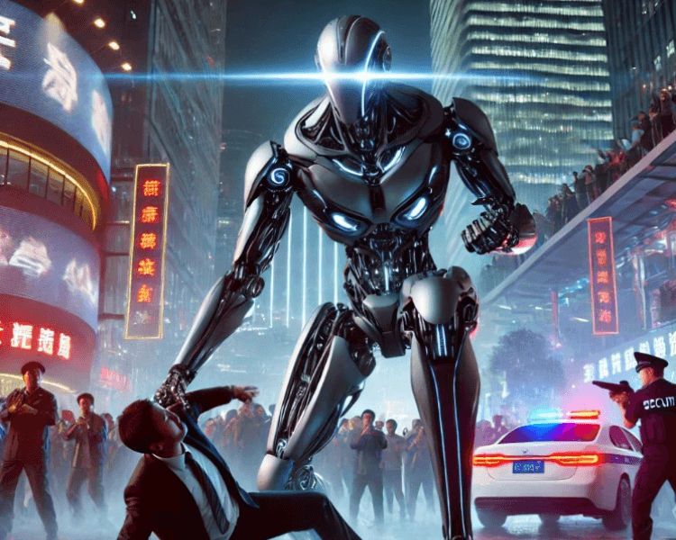 Un robot humanoïde agressif attaquant un humain lors d'un festival en Chine, sous le regard paniqué de la foule et des forces de sécurité. L'incident illustre les dangers potentiels de l'intelligence artificielle et de la robotique autonome